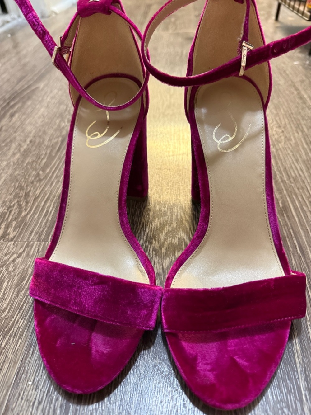 Sam Edelman Magenta Velvet Ankle-Strap Block Heels